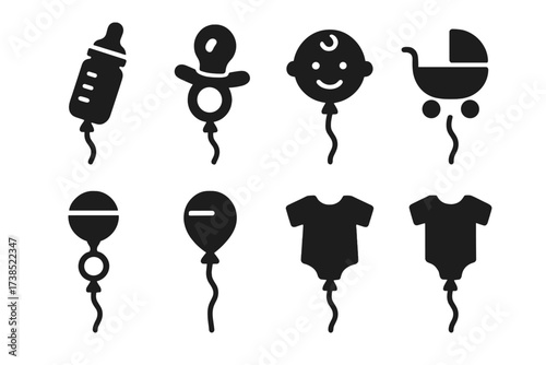 Baby Balloon Icons. Solid, filled icon set of baby celebration balloons: baby bottle balloon, pacifier balloon, baby face balloon, stroller balloon, "It?s a