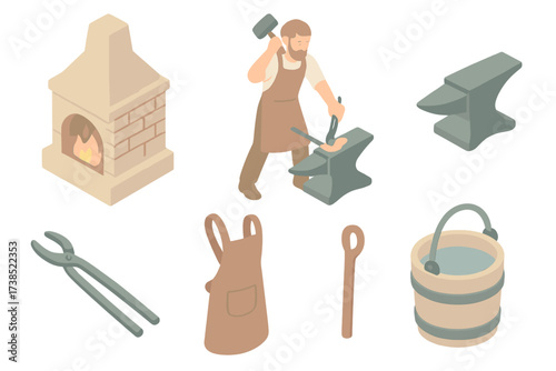 Artisan Blacksmith Tools. Isometric vector illustration set Artisan blacksmith craft: forge furnace, hammer striking, anvil, metal