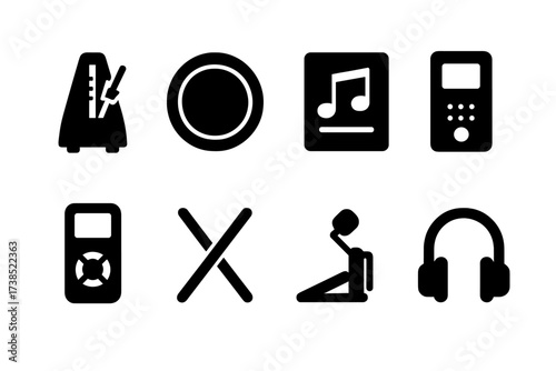Backbeat Tool Icons. Solid, filled icon set of backbeat practice tools: metronome, drum pad, sheet music, tuner, recording device, drumsticks, foot pedal,