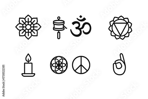 Spiritual Symbol Icons. Outline icon set of spiritual symbols: mandala, prayer wheel, om symbol, chakra, candle flame, sacred geometry, peace sign, hand mudra.