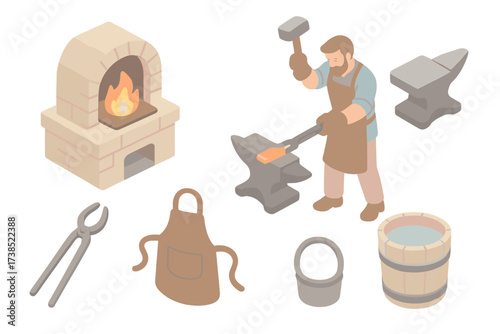 Artisan Blacksmith Tools. Isometric vector illustration set Artisan blacksmith craft: forge furnace, hammer striking, anvil, metal