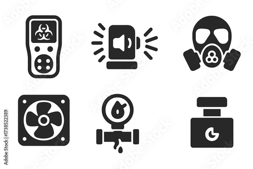 Toxic Gas Detection Icons. Solid, filled icon set of toxic gas detection: gas detector, alarm sensor, warning light, respirator mask, ventilation fan, smoke