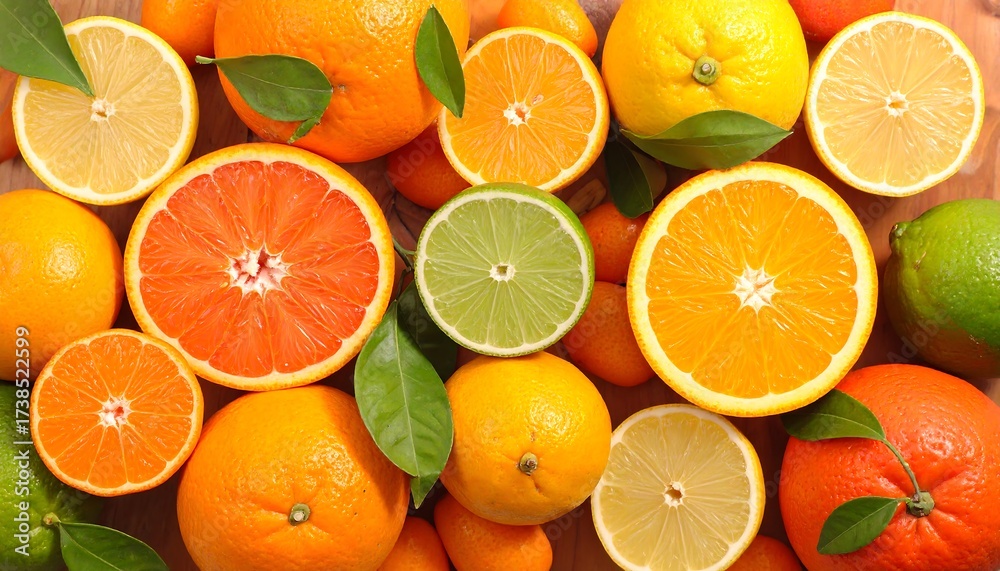 Fototapeta premium Colorful citrus slices arranged on a wooden surface