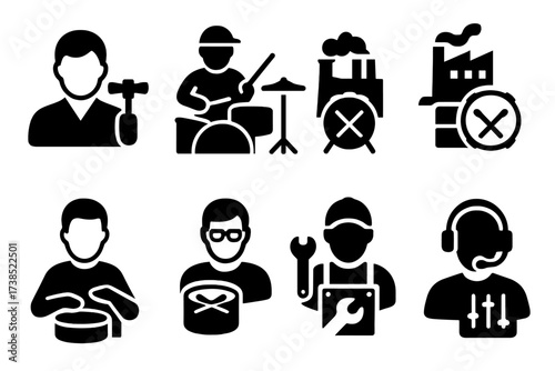 Black Drum Icons Grid. Solid, filled icon set of tuning key famous users: drum technicians, professional drummers, drum manufacturers, percussionists, drum