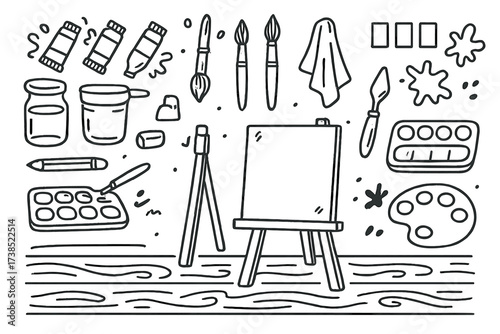 Artist's Creative Setup. Hand-drawn doodle illustration Watercolor painting setup paint tubes, brushes, palette, wooden table texture, water cup, canvas, rag