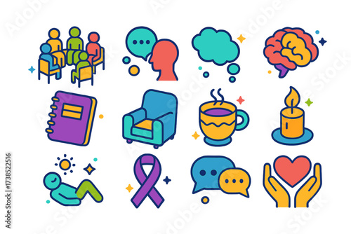 Mental Health Icons. Mental health group. Colorful isometric vector icons set of mental health group: therapy circle, talking figure, thought bubble, brain