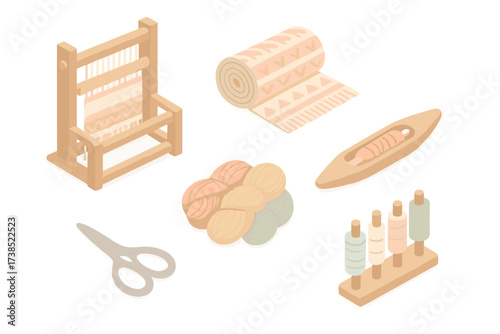 Handmade Textile Art Icons. Isometric vector illustration set Handmade textile art: weaving loom textile pattern, woven cloth roll