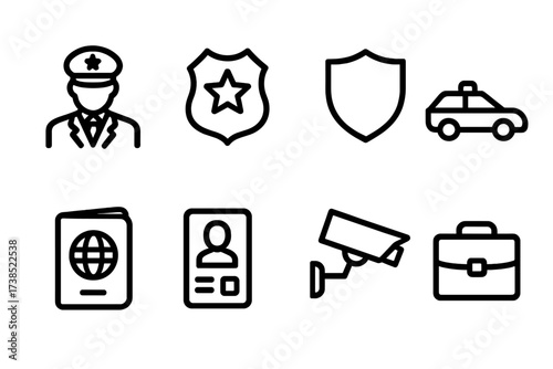 Senator Security Icons. Outline icon set of senator security and protocol: guard, security badge, shield, police car, passport, keycard, CCTV camera,