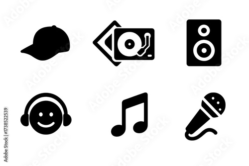 Beatmaker Genre Icons. Solid, filled icon set of beatmaker genres: hip hop, trap, house, techno, dubstep, lo-fi, R&B, pop. Solid, filled icons in only black