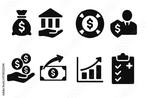 Bailout Icon Set. Solid, filled icon set of bailout: emergency fund, government aid, financial rescue, debt relief, loan guarantee, asset purchase, economic
