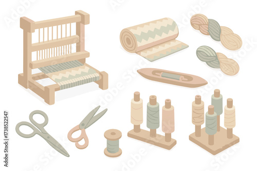 Handmade Textile Art Icons. Isometric vector illustration set Handmade textile art: weaving loom textile pattern, woven cloth roll