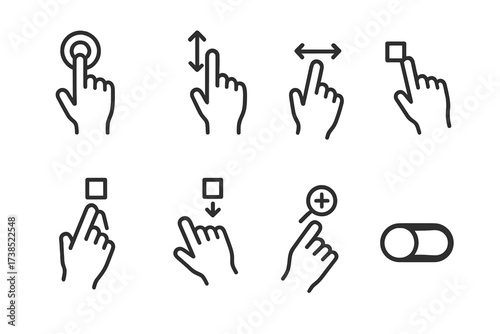 User Interaction Icons. Outline icon set of user interaction: hand tap, scroll, swipe, drag, drop, zoom in, zoom out, toggle switch. [Line icons in only black