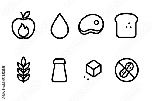 Appetizer Nutrition Icons. Outline icon set of appetizer nutrition: calories, fat, protein, carbs, fiber, sodium, sugar, allergens. [Line icons in only black