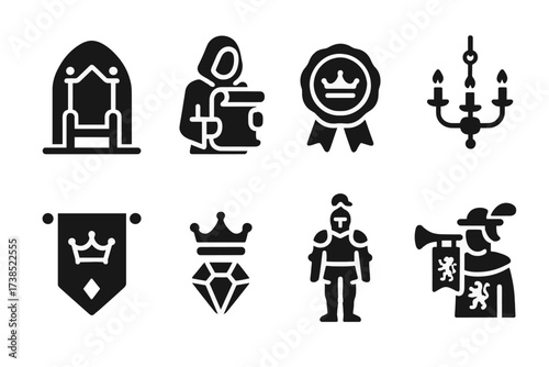 Royal Icon Set. Solid, filled icon set of baron court: throne room, advisor scroll, royal seal, candle chandelier, tapestry, crown jewels, knight armor,