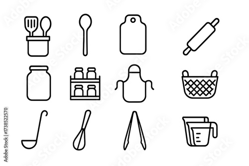 Kitchen Icon Set. Kitchen organization. Line icon set of Kitchen organization: utensil holder, wooden spoon, cutting board, rolling pin, jar, spice rack,