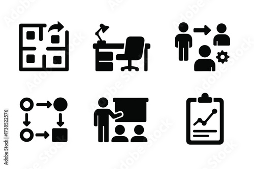 Business Restructuring Icons. Solid, filled icon set of business restructuring: office layout, desk reorganization, team collaboration, new roles, workflow