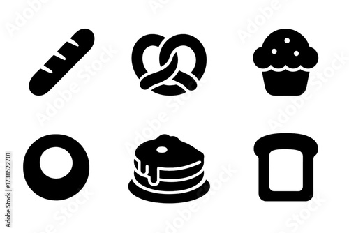 Pastry Icon Grid. Solid, filled icon set of feast breads and pastries: baguette, croissant, pretzel, muffin, bagel, pancake stack, pie slice, toast. Solid,