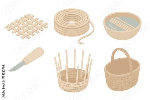 Basket Weaving Essentials. Isometric vector illustration set Natural craft essentials: basket weave reed handmade, coil of reed,