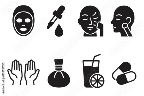 Rejuvenation Treatment Icons. Solid, filled icon set of rejuvenation treatments: facial mask, serum dropper, laser therapy, microdermabrasion, massage hands,
