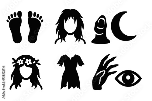 Wild Woman Icons. Solid, filled icon set of wild woman: barefoot feet, tangled hair, howl mouth, crescent tattoo, wildflower crown, torn dress, clawed hand,