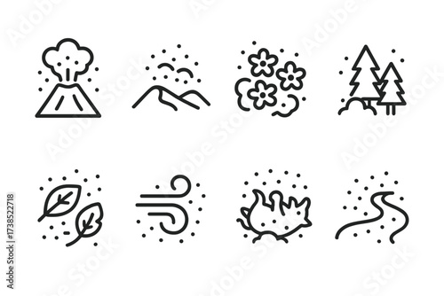 Nature Dust Icons. Outline icon set of dust in nature: volcanic ash, desert sand, pollen cloud, forest floor dust, dry leaves, windblown dust, animal dust