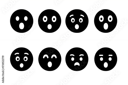 Facial Expression Icons. Solid, filled icon set of facial expressions of surprise: shock, awe, disbelief, amazement, confusion, curiosity,