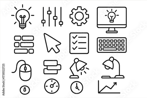 Lighting Icon Doodles. Hand-drawn doodle illustration lighting preset light bulb, sliders, gear, computer screen, buttons, cursor, checklist, keyboard, mouse,
