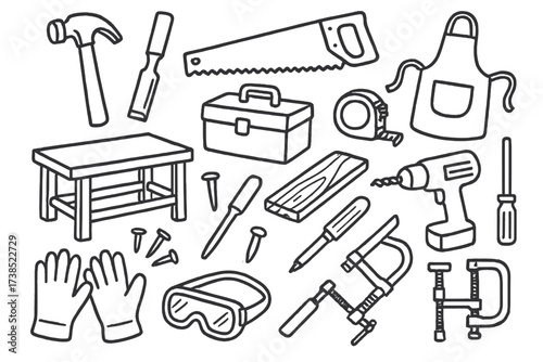Craftsman Tools Doodle. Hand-drawn doodle illustration craftsman hammer, chisel, saw, workbench, apron, toolbox, measuring tape, nails, screwdriver, wood