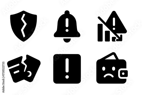 Credit Score Icons. Solid, filled icon set of credit score damage: cracked shield, alert bell, failing bar chart, downward arrow, warning sign, broken credit