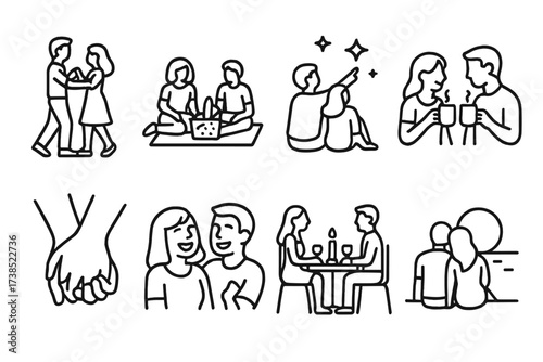 Soulmate Icon Set. Outline icon set of soulmate moments: dancing couple, picnic, star gazing, shared coffee, holding hands, shared laughter, romantic dinner,