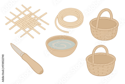 Basket Weaving Essentials. Isometric vector illustration set Natural craft essentials: basket weave reed handmade, coil of reed,