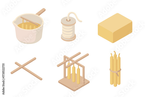 Beeswax Candle Crafting. Isometric vector illustration set Beeswax candle craft: dipping pot, spool of wick, beeswax block, wooden