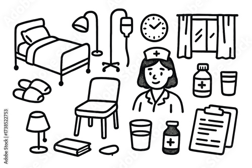 Hospital Comfort Essentials. Hand-drawn doodle illustration Patient comfort hospital bed, blanket, pillow, IV drip, lamp, clock, slippers, chair, window,