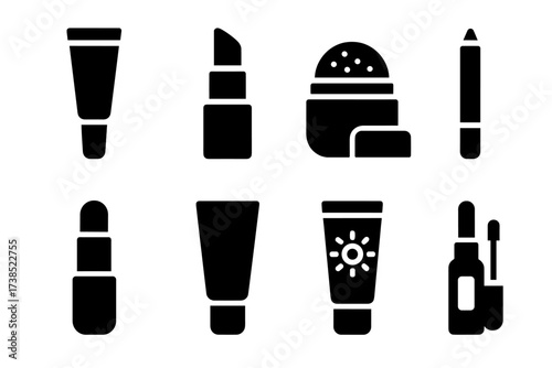 Lip Care Icons. Solid, filled icon set of lip balm related products: lip gloss, lipstick, lip scrub, lip liner, chapstick, facial moisturizer, sunscreen, lip