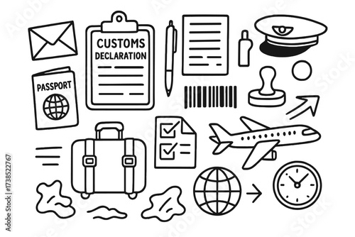 Customs Doodle Icons. Hand-drawn doodle illustration Customs declaration form passport, document, pen, clipboard, stamp, barcode, checklist,
