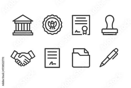 Government Icons Set. Outline icon set of government and land grants: government building, seal, certificate, official stamp, handshake, contract, document
