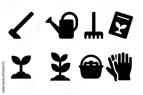 Farm Tools Icon Set. Solid, filled icon set of farm tools: hoe, watering can, rake, seed packet, sprout, plant, harvest basket, gloves. [Line icons in only