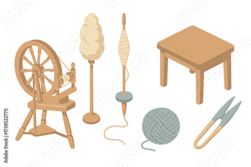 Historic Fiber Craft Tools. Isometric vector illustration set Historic fiber craft: spinning wheel yarn thread, distaff with wool,