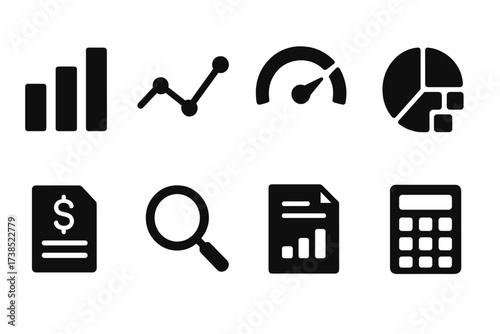 Mutual Fund Icons. Solid, filled icon set of mutual fund analysis: bar graph, line chart, risk meter, portfolio diversification, financial statement,