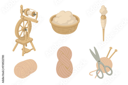 Fiber Art Icons. Isometric vector illustration set Handcrafted fiber art: spinning wheel yarn thread, basket with carded wool,