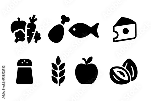 Menu Ingredient Icons. Solid, filled icon set of menu ingredients: vegetables, meat, fish, dairy, spices, grains, fruits, nuts. Solid, filled icons in only