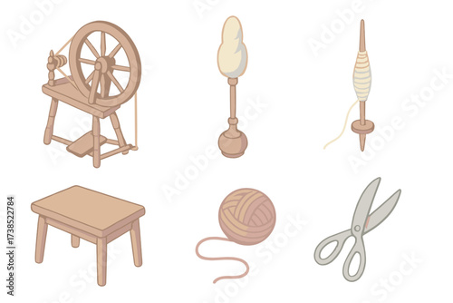 Historic Fiber Craft Tools. Isometric vector illustration set Historic fiber craft: spinning wheel yarn thread, distaff with wool,