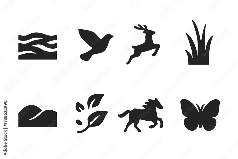 Fototapeta premium Dynamic Nature Icons. Solid, filled icon set of dynamic nature: flowing river, flying bird, jumping deer, waving grass, rolling hills, swirling leaves, running