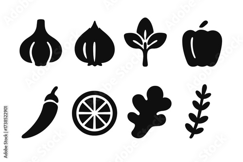 Aromatic Ingredient Icons. Solid, filled icon set of aroma cooking ingredients: garlic, onion, basil, pepper, chili, lemon, ginger, thyme. Solid, filled icons