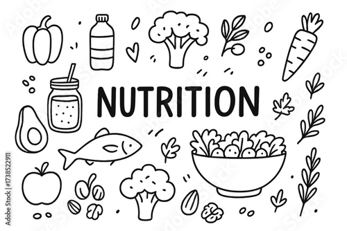 Healthy Food Icons. Nutrition. Hand-drawn doodle illustration nutrition vegetables, fruits, smoothie glass, salad bowl, grains, nuts, seeds, fish, avocado,