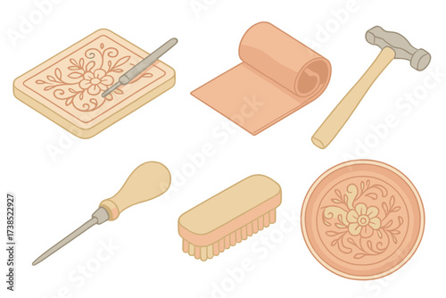 Metal Craft Essentials. Isometric vector illustration set Metal craft essentials: coppersmith metal tool etch, copper sheet roll,