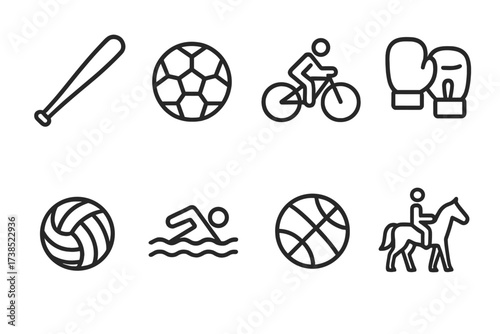 Peruvian-Venezuelan Sport Icons. Outline icon set of Peruvian sports and activities: football ball, surfing board, hiking boots, mountain biking, horseback