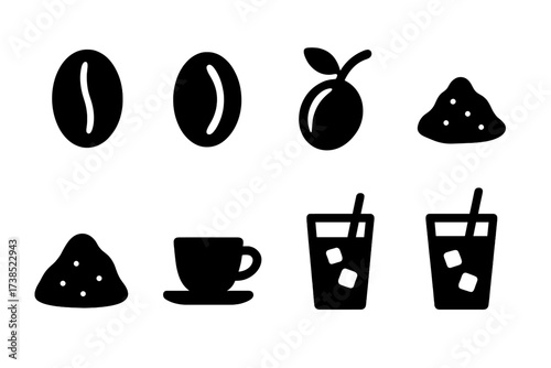 Coffee Icons Collection. Solid, filled icon set of coffee varieties: arabica bean, robusta bean, peaberry, coffee cherry, ground coffee, coffee powder,