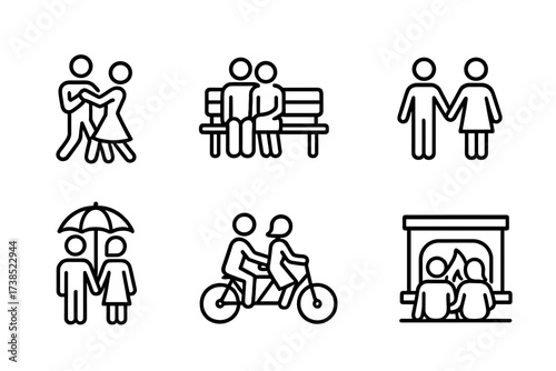 Couples Activities Icons. Outline icon set of couples activities: dancing couple, couple on bench, picnic, holding hands, sharing umbrella, riding bike