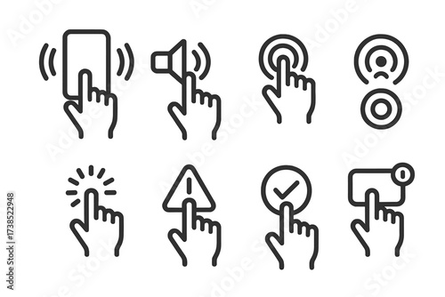 Touchscreen Feedback Icons. Outline icon set of touchscreen interaction feedback: vibration, sound alert, visual highlight, ripple effect, loading spinner,